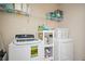 Functional laundry room equipped with a washer, dryer, and storage shelves at 149 Woodhouse Cir, Acworth, GA 30102