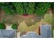 Aerial view of a beautifully landscaped backyard with lush green lawn and mature trees at 3468 Aberrone Pl, Buford, GA 30519
