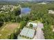 Beautiful aerial view of the community pool, tennis courts, and large lake, all surrounded by lush trees at 330 Bay Grove Rd, Loganville, GA 30052