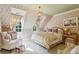 Charming bedroom with patterned wallpaper, sloped ceilings, chandelier, and sunny windows at 240 Nacoochee Nw Dr, Atlanta, GA 30305