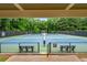 Community tennis courts with meticulously maintained blue courts and shaded benches provide a great amenity at 310 Medridge Dr, Alpharetta, GA 30022