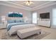 Staged bedroom with tray ceilings, neutral paint, an area rug, and white furnishings at 1570 Woodberry Run Dr, Snellville, GA 30078