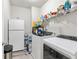 Practical laundry room with appliances, shelving, and storage space for supplies at 140 Canyons Ct, Hampton, GA 30228