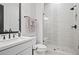 Modern bathroom with a walk-in shower and stylish fixtures and bright white decor at 411 Oakleigh Ave, Woodstock, GA 30188