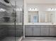 Bathroom featuring a glass shower, dual sinks, and grey cabinetry at 1505 Slopeside Loop, Smyrna, GA 30082