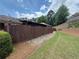Exterior view of the backyard highlighting the wooden fence and lush greenery at 112 Countryside Ct, Woodstock, GA 30189