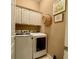 Laundry room features a washer, dryer, decorative paint, and white cabinets at 112 Countryside Ct, Woodstock, GA 30189