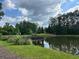 A tranquil view of a pond featuring a wooden dock, surrounded by lush greenery and clear blue skies at 506 Spring View Dr, Woodstock, GA 30188