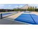 Well-maintained outdoor pickleball court with blue and grey surface, net and clear lines at 330 Carriage Glen Ln, Woodstock, GA 30188