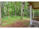 Cozy back porch with swing bench and wind chimes, surrounded by lush greenery and trees at 480 Pineburr Ln, Stone Mountain, GA 30087