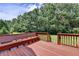 Backyard deck featuring built-in benches and a beautiful wooded view at 525 Hunnicutt Se Rd, Mableton, GA 30126
