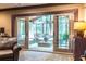 View of the screened porch from the basement, featuring comfortable seating, skylights, and wooded views at 4850 Lake Fjord Pass, Marietta, GA 30068