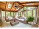 Charming screened porch features vaulted wood ceilings, skylights, and cozy wicker furniture at 4850 Lake Fjord Pass, Marietta, GA 30068