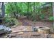 Picturesque backyard features a stone patio, fire pit and tranquil waterfall feature at 425 Bellflower Ct, Roswell, GA 30076