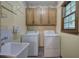 Functional laundry room with washer, dryer, cabinets, and sink, simplifying chores at 425 Bellflower Ct, Roswell, GA 30076