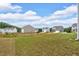 Spacious backyard with green grass, partially fenced, with several homes in the distance at 600 Tudor St, Kingston, GA 30145