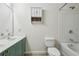 Bright bathroom featuring a shower-tub combo, toilet, and a dual sink vanity with cabinet storage at 1536 Liberty Nw Pkwy, Atlanta, GA 30318