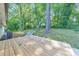 A wood deck leads to the lush, green backyard with stone walkway and fire pit encircled by mature trees at 2254 Glendale Dr, Decatur, GA 30032