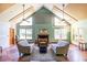Open living room area with high ceilings, a cozy seating area, fireplace, and multiple windows at 1001 Dancing Fox Rd, Decatur, GA 30032