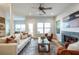 Cozy living room featuring a fireplace, neutral furniture, and a ceiling fan at 1001 Dancing Fox Rd, Decatur, GA 30032