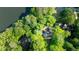 Beautiful aerial view highlights the home's private, wooded lot and adjacent lake access at 815 Marshview Close, Roswell, GA 30076