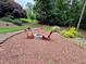 Cozy backyard seating area with red chairs and a stone fire pit at 703 Overlook Point, Woodstock, GA 30189