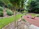 A lush green backyard with mature trees and a cozy seating area with a fire pit at 703 Overlook Point, Woodstock, GA 30189