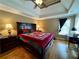 Comfortable bedroom featuring tray ceiling, hardwood floors and bedside tables at 703 Overlook Point, Woodstock, GA 30189