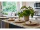 Kitchen island with modern fixtures, plants, and natural light from the window at 610 Woodstream Ct, Roswell, GA 30075