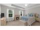 Bright main bedroom features a fireplace, tray ceilings, and two large windows at 397 Cypher Dr, Suwanee, GA 30024
