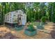 Backyard greenhouse with raised garden beds surrounded by a wooded landscape at 1382 Varner Rd, Marietta, GA 30062