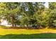 Large, grassy backyard with mature trees, swing set, and playground at 184 Wildflower Dr, Social Circle, GA 30025