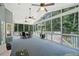 Relaxing screened porch with dining table and chairs, multiple ceiling fans and beautiful views of the private backyard at 2081 Township Dr, Woodstock, GA 30189