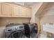 Laundry room with front load washer and dryer, built-in cabinets, and a laundry sink at 4341 Horder Ct, Snellville, GA 30039
