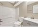 Neutral bathroom features a shower-tub combo, clean white fixtures, and a vanity sink at 3498 Newberry Trl, Decatur, GA 30034