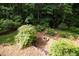 Aerial view of the backyard featuring a fire pit, surrounding trees and greenery at 6435 Ivey Creek Cir, Cumming, GA 30040