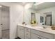 Bright bathroom with double sinks, a modern countertop, and a walk-in closet, providing space and convenience at 947 Edwin Ln, Sugar Hill, GA 30518