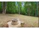 Cozy backyard featuring a stone fire pit surrounded by trees and greenery at 3713 Brigantine Ct, Acworth, GA 30102