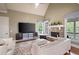 Comfortable living room boasts a stone fireplace, vaulted ceiling, and large windows overlooking the greenery outside at 2260 Falkirk Pointe Dr, Marietta, GA 30062