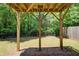 Covered backyard patio area providing shade and a serene view of the lush surrounding greenery and fenced yard at 550 Constellation Overlook Sw, Atlanta, GA 30331