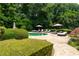 Lush backyard with pool, stone patio, sun umbrellas, lounge chairs, and pristine landscaping at 70 Finch Forest Trl, Atlanta, GA 30327