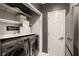 Laundry room with modern front loading washer and dryer and built-in shelving for extra storage at 955 Juniper Ne St # 3331, Atlanta, GA 30309
