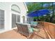 A sunny back deck offers a cozy outdoor seating area with chairs and an umbrella for shade at 212 Warrenton Dr, Douglasville, GA 30134