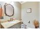 Powder room with granite counters and decorative fixtures at 8240 Hurakan Creek Xing, Cumming, GA 30028