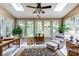 Bright sunroom with skylights, a ceiling fan, neutral décor, and lots of natural light at 8480 Valemont Dr, Sandy Springs, GA 30350
