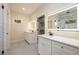 Modern bathroom featuring dual vanity, white cabinets, and a stylish walk-in shower at 387 Hillside Sw Dr, Atlanta, GA 30310