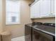 Well lit laundry area with shelving and front-loading washer and dryer units at 739 E Mays E Rd, Stockbridge, GA 30281