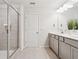 Well-lit bathroom showcases a glass-enclosed shower, gray vanity and neutral color palette at 1399 Flathead River Ln, Marietta, GA 30064