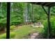 Manicured backyard with mature trees, picnic table, and fire pit at 627 Apache Trl, Woodstock, GA 30189