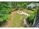 Serene backyard oasis featuring a fire pit, waterfall and lush, mature landscaping at 627 Apache Trl, Woodstock, GA 30189